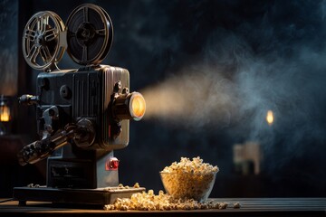 Retro movie projector with film and popcorn on dark background for classic cinema night poster