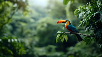 Obraz premium Vibrant toucan perched on green branch in misty tropical rainforest setting, colorful exotic bird with distinctive orange beak against blurred natural background.