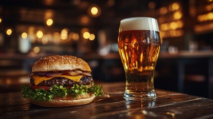 Burger and beer on wood table in bar with bokeh background