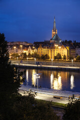 Night view of the illuminated Szczecin Old Town on the Odra River. Szczecin Poland