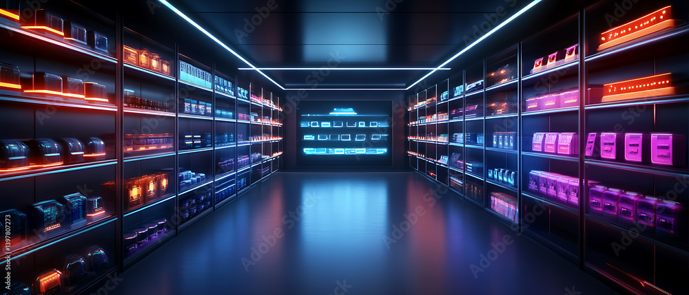 Poster futuristic product showcase tech store digital display neon environment wide-angle view innovative c