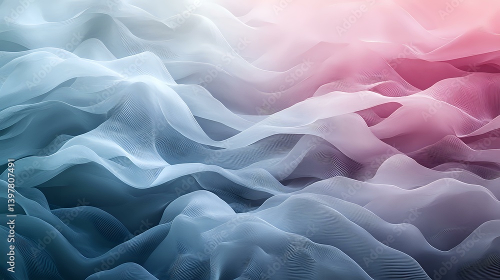 Poster ethereal waves of blue and pink create mesmerizing abstract landscape with soft flowing curves and g