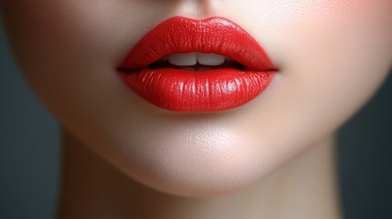 Fototapeta premium Red lips. Close-up view of a female's mouth with bright, red lipstick. Skin is fair
