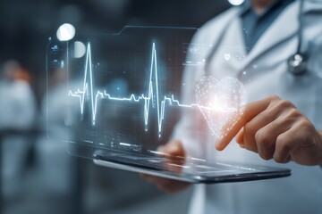 Futuristic medical technology  doctor using tablet with heart rate line in hospital setting