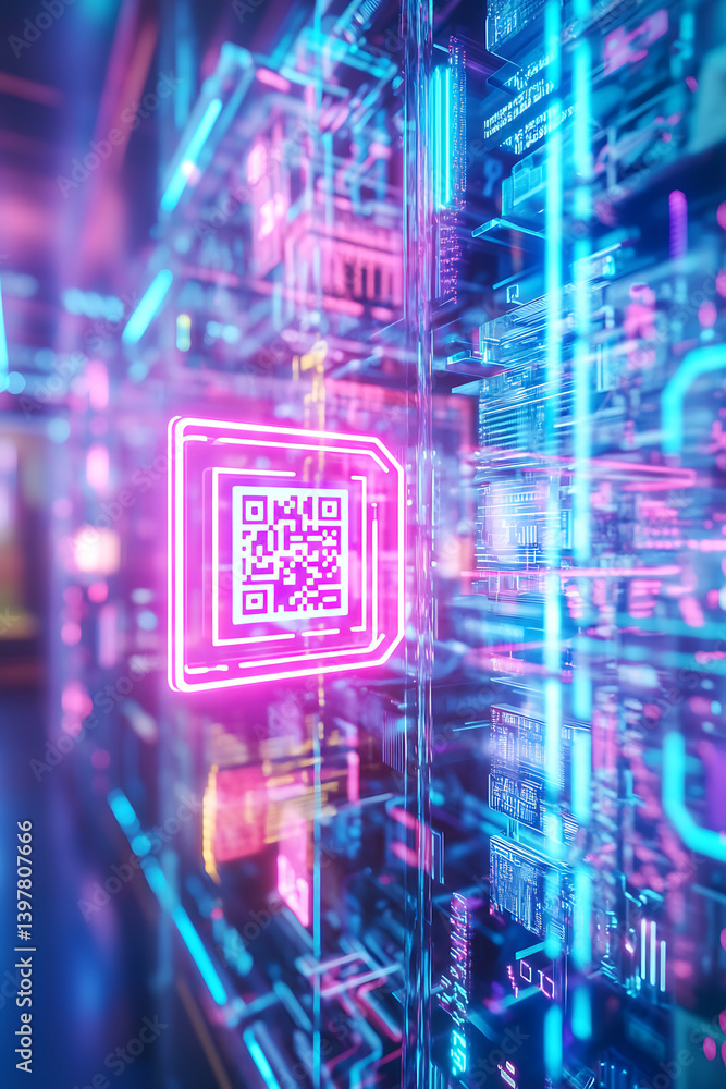 Poster digital code interaction virtual space futuristic design neon environment close-up perspective techn