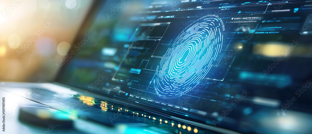 Poster analyzing digital fingerprint technology modern office infographic high-tech environment close-up vi