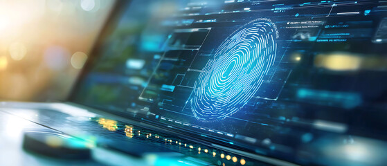Analyzing digital fingerprint technology modern office infographic high-tech environment close-up view cybersecurity concept