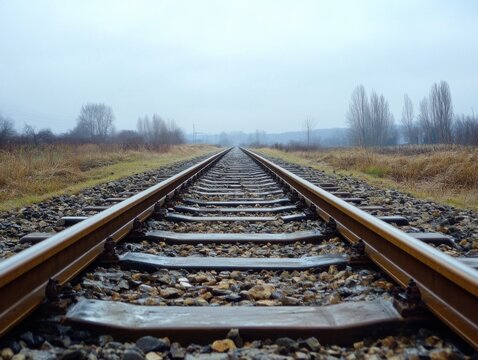 Railway tracks vanishing into the horizon with symmetrical perspective and overcast lighting