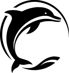 Black and white logo silhouette of a leaping dolphin.