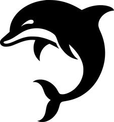 Black and white silhouette of a leaping dolphin.