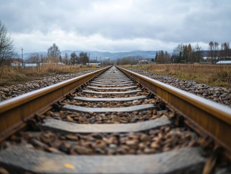 Railway tracks vanishing into the horizon with symmetrical perspective and overcast lighting