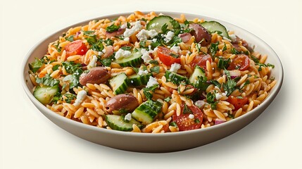 Mediterranean orzo pasta salad with fresh vegetables, olives, feta cheese, and herbs served in gray ceramic bowl. Colorful healthy lunch or dinner option.