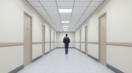 Fototapeta premium Empty Hospital Corridor - Man Walking Away