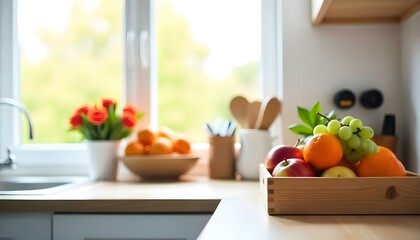Apples, oranges, and grapes in a wooden box on a white kitchen counter, with a window in the background