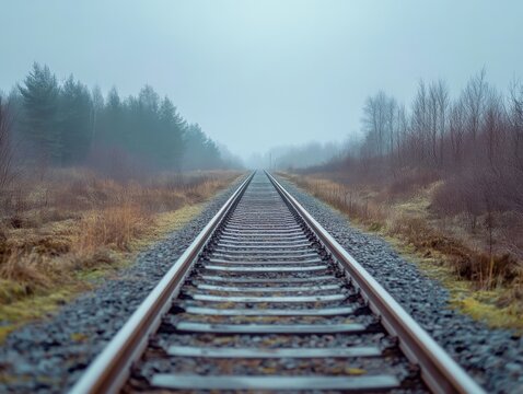 Railway tracks vanishing into the horizon with symmetrical perspective and overcast lighting