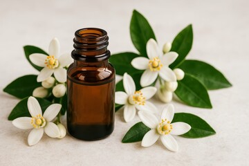Neroli Oil Bottle Surrounded by White Flowers and Green Leaves