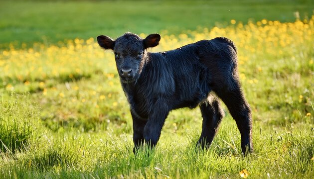 Black baldy calf in lush spring pasture