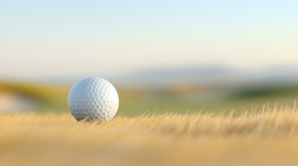 White golf ball resting on golden dry grass at sunset with blurred background, creating minimalist sports composition for advertising and promotional materials.