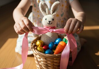 Caring child's hands opening an Easter basket filled with colorful foil-wrapped eggs, a toy bunny, and a carrot