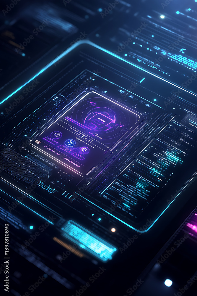 Poster exploring digital security interface cyber space graphic design futuristic environment close-up view