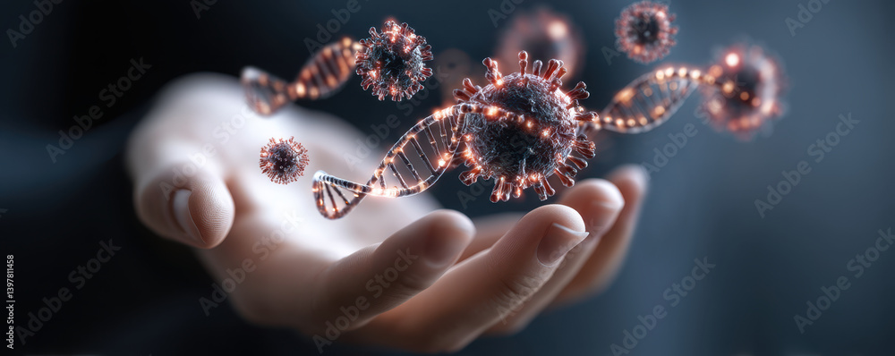 Poster image depicts hand holding 3d digital display of genetic data with elements representing viruses, em