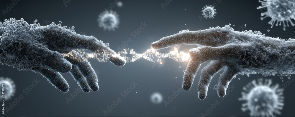 Poster two hands reaching towards each other, symbolizing connection and interaction, surrounded by abstrac