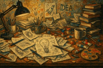Naklejka premium Creative Desk Chaos with Papers and Art Supplies for Inspiration