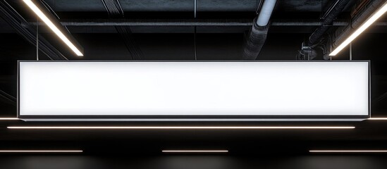 Obraz premium A large rectangular illuminated sign hanging from a dark ceiling
