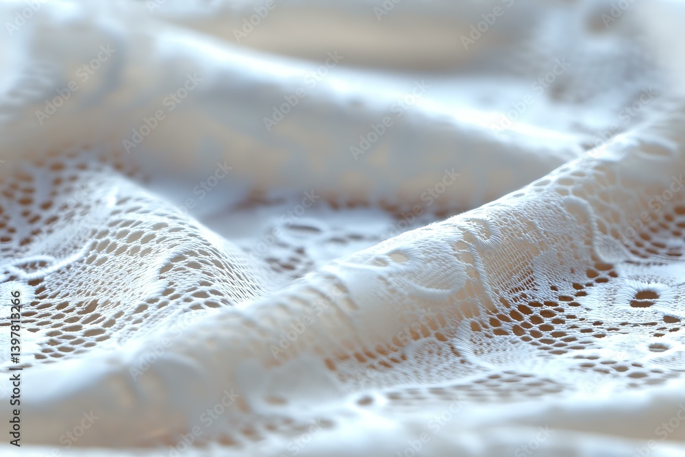 Poster delicate white lace fabric with intricate floral pattern creates soft folds and textures, capturing 
