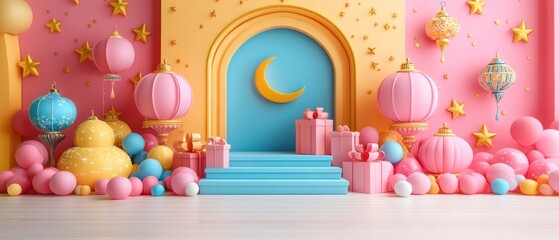 A colorful and festive scene decorated with soft pastel elements