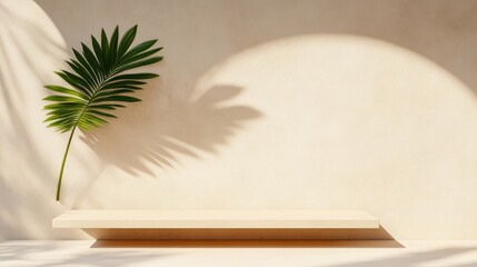 Empty beige shelf with tropical leaf and sunlit shadows