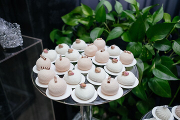 Luxury, elegant wedding reception table arrangement, floral centerpiece. Wedding cake.