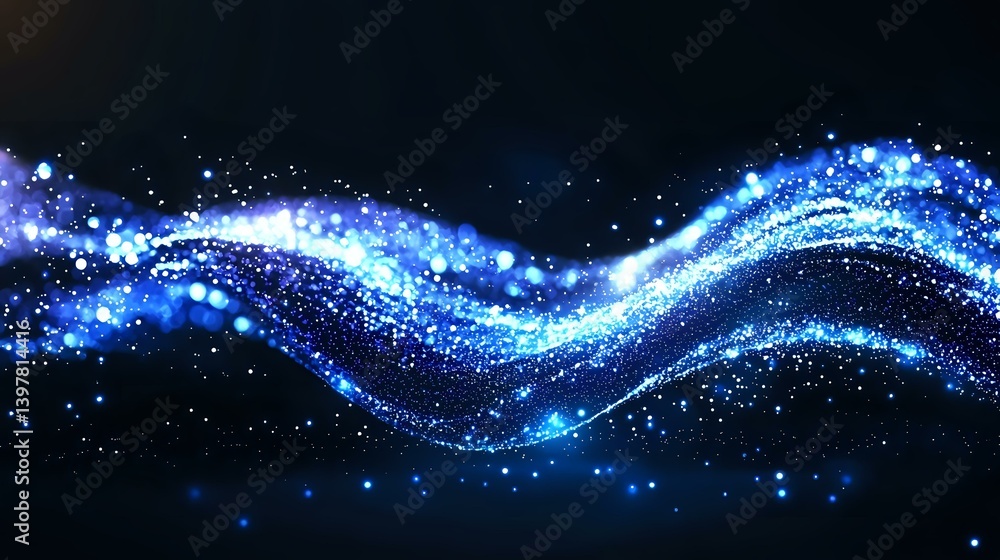 Poster magical blue glowing wave with sparkles and light particles flowing on black background, creating dy