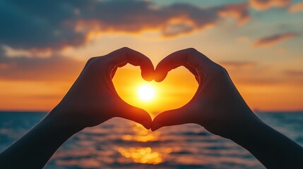 Sunset fingers form a heart over the ocean. Warm light and soft clouds create a peaceful, romantic scene