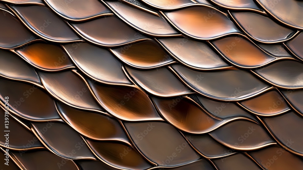 Poster abstract wavy pattern of overlapping metallic copper and bronze shapes creating dimensional surface 