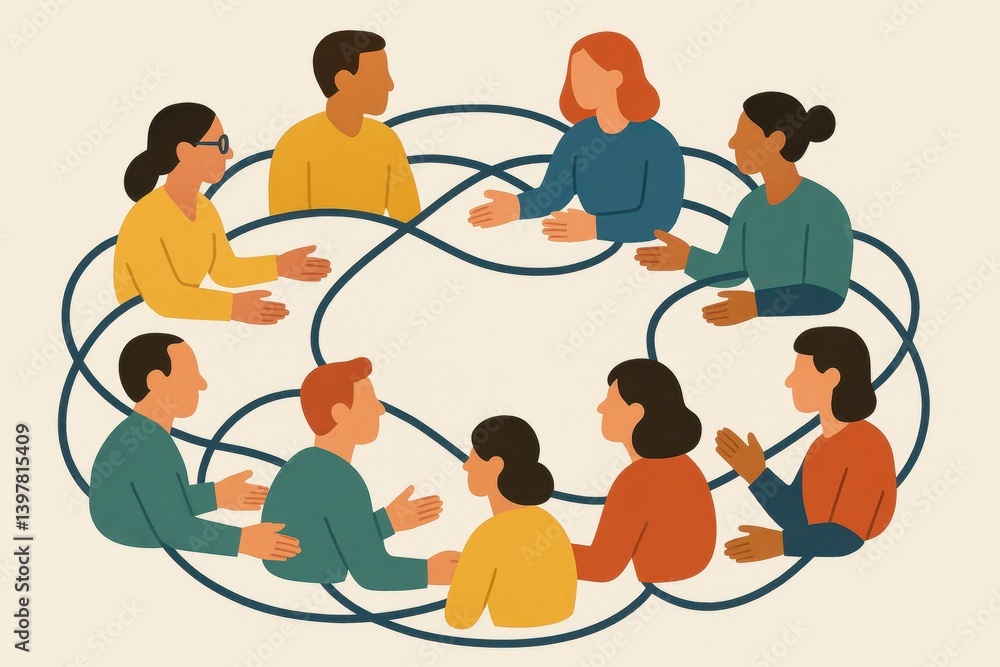 Poster diverse team collaborating in a circular discussion setting