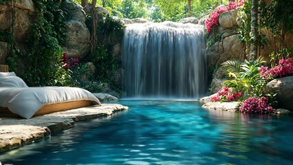 Serene waterfall cascades into tranquil pool surrounded by lush greenery and vibrant flowers, creating peaceful oasis for relaxation in nature.