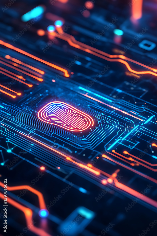 Poster exploring digital fingerprints technology lab abstract visuals futuristic environment close-up persp