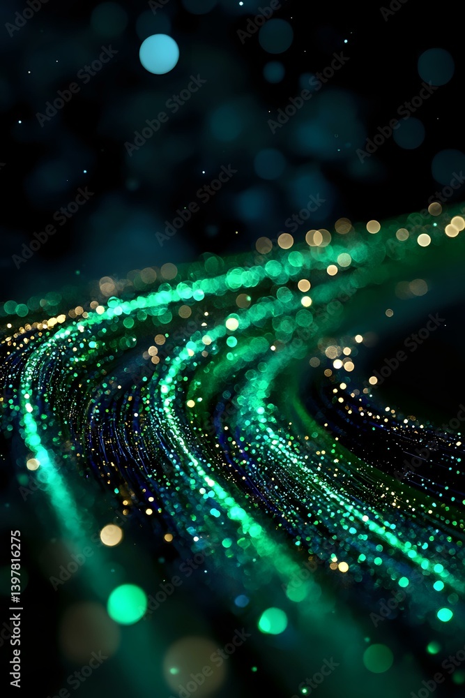 Poster magical green light trails with glowing particles and bokeh effects create dynamic swirling patterns