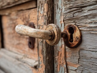 An intimate shot capturing the weathered allure of an aged wooden door, its distressed surface bearing the marks of time, a rustic door handle hinting at stories within.