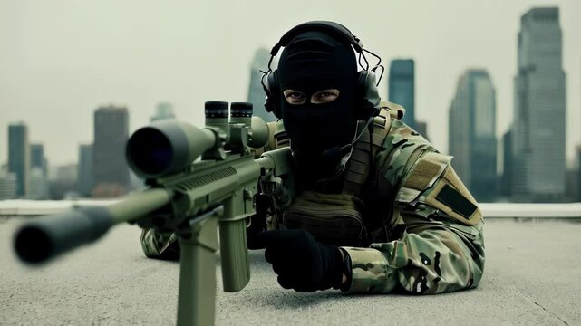 Sniper prepares for action on rooftop in urban cityscape during twilight hours