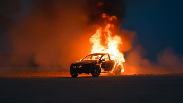 Burning car amidst flames and smoke at night creating a dramatic and intense atmosphere
