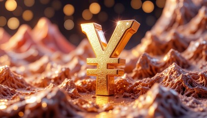 Golden yen symbol on textured surface business context abstract environment close-up view
