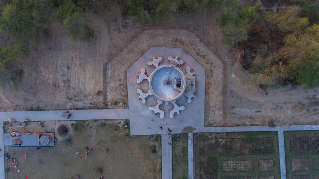 Aerial view of hiran minar surrounded by greenery and pathways in a beautiful park, Sheikhupura, Punjab, Pakistan.