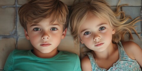 Sun-drenched moment: a boy and girl relax on cool tiles, gazing directly at the camera. Playful and serene