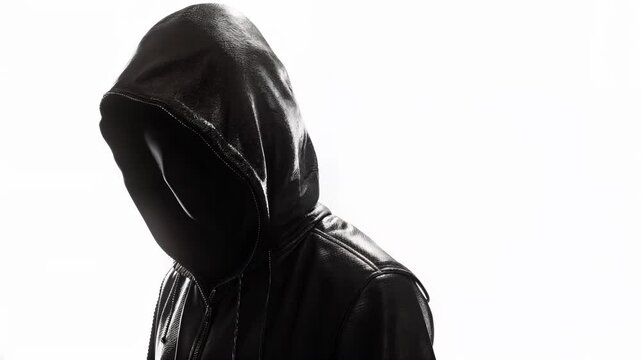 A mysterious figure in a black hoodie, with their face hidden, creating a shadowy, enigmatic silhouette.
