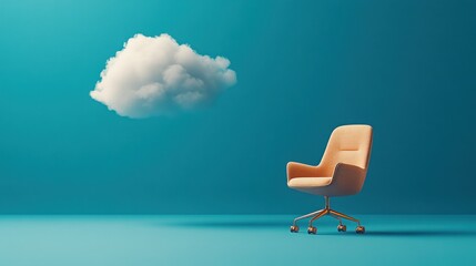 A modern office chair and cloud on a blue background space