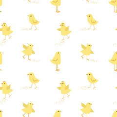 Vector seamless pattern with cute yellow chicks .Seamless pattern with little chickens on a light background . A fun summer abstract print with a domestic bird. Vector graphics.