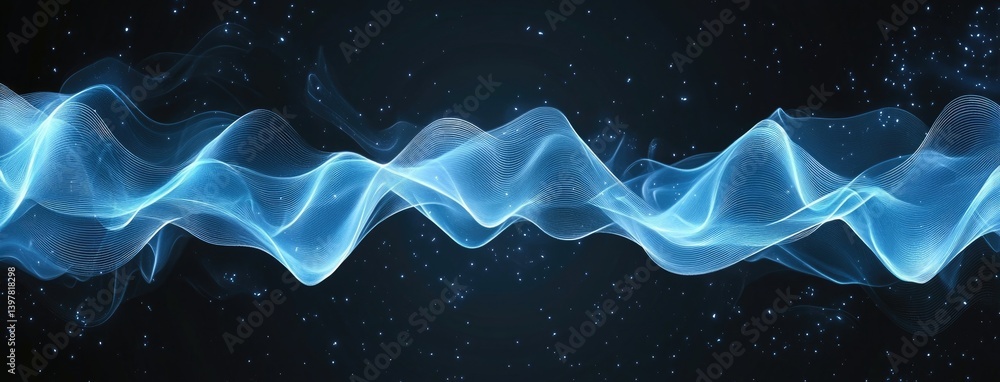 Fototapete Blue sound waves undulate across a dark background, illuminated by glowing lights and digital data, creating a dynamic atmosphere