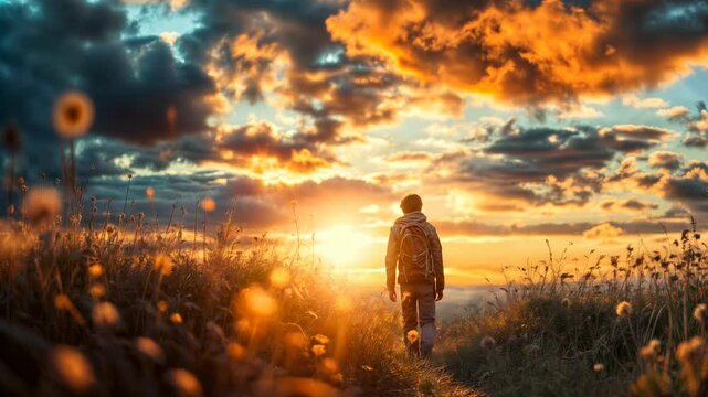 A man with a backpack walks through a grassy field towards a glowing sunset, under a dramatic sky filled with golden clouds.
